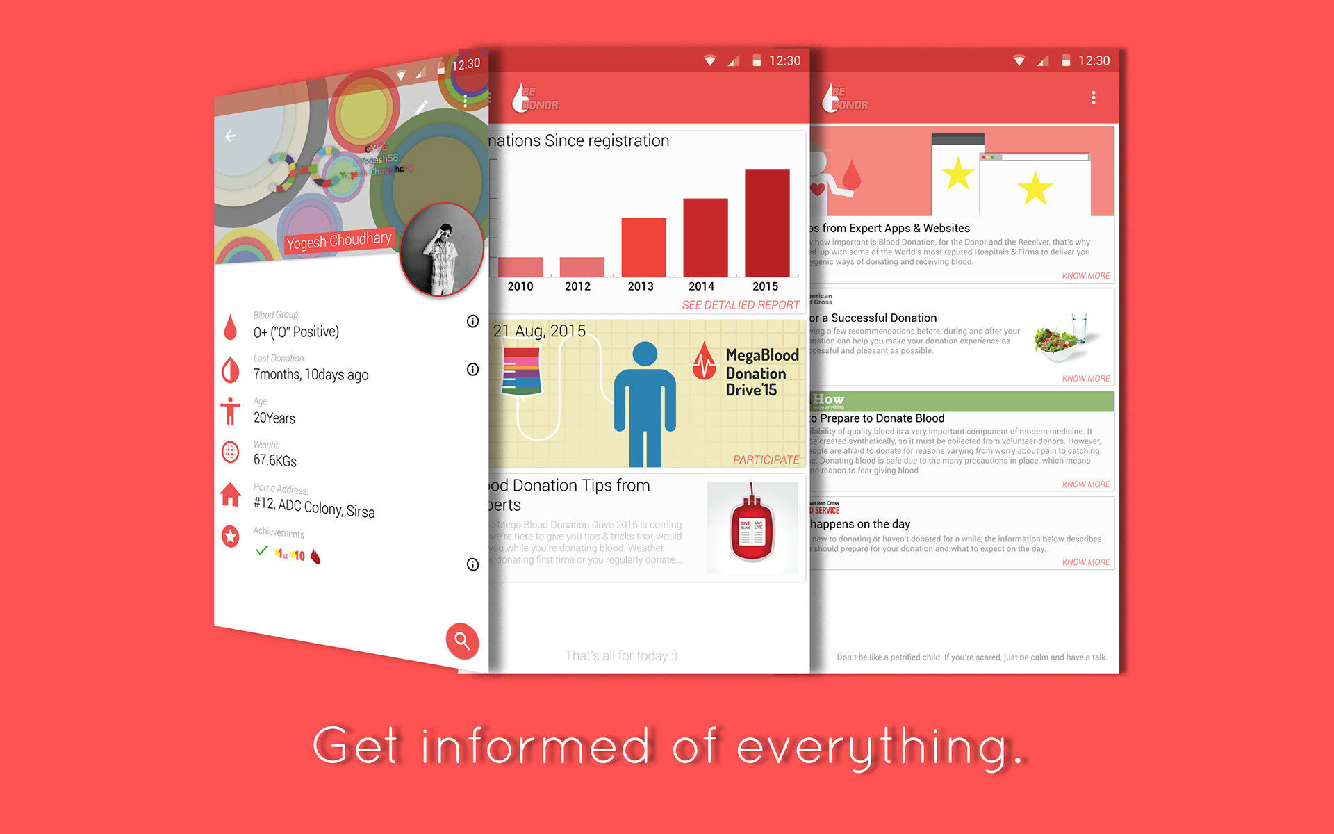 Image showing three screenshots of blood donation android app UI