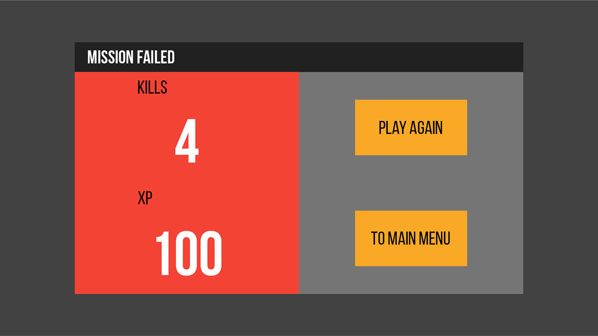 Mission failure screen showing number of kills and XP points earned, along with post-game options