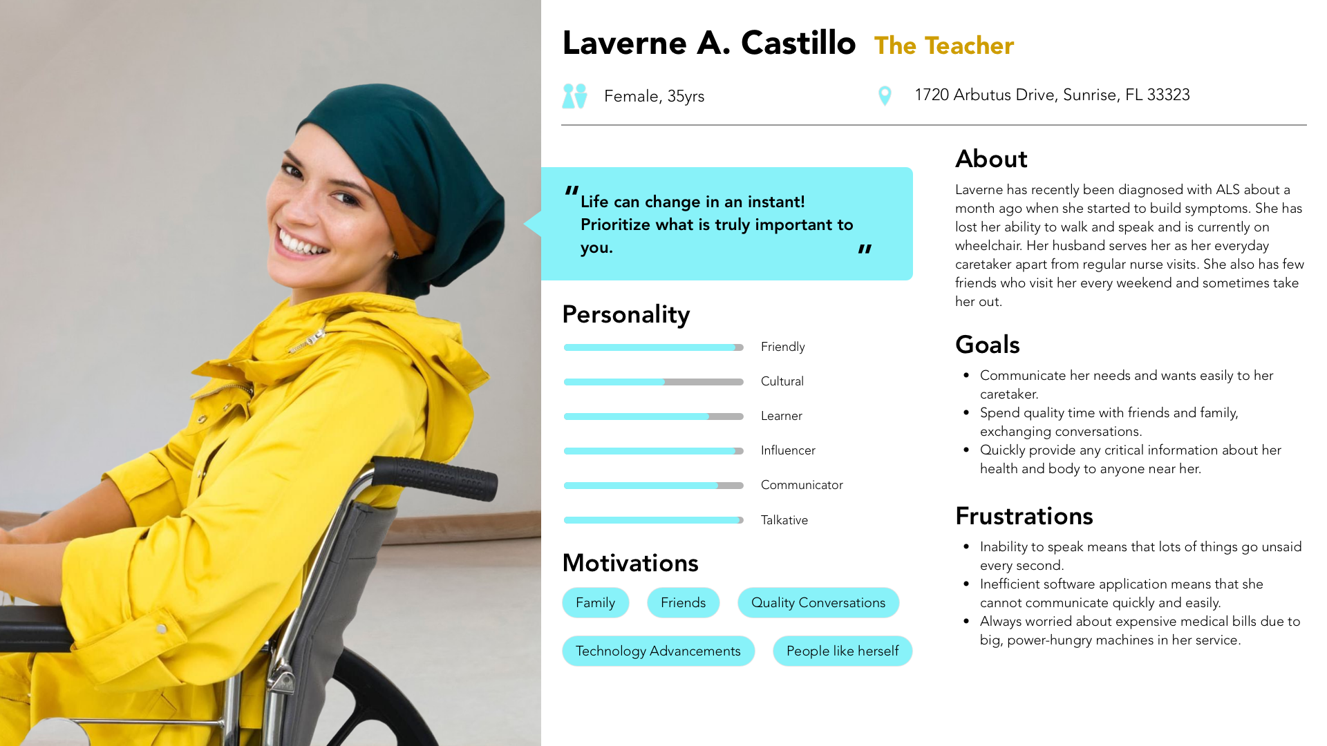 Image showing persona of a patient with ALS, showcasing their personality, goals and frustrations.