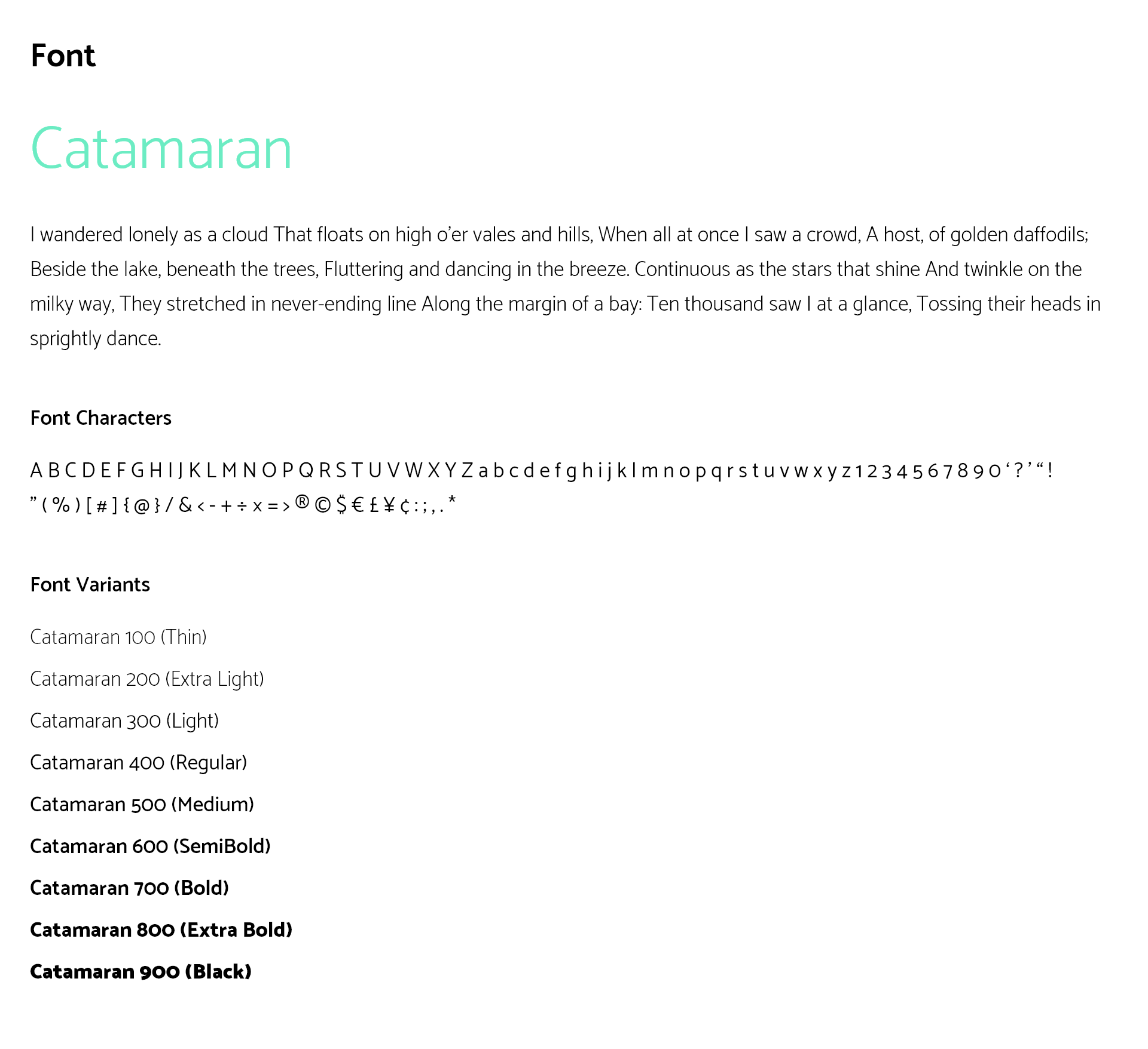 Image showing font 'Catamaran' and its characters for visual identity.
