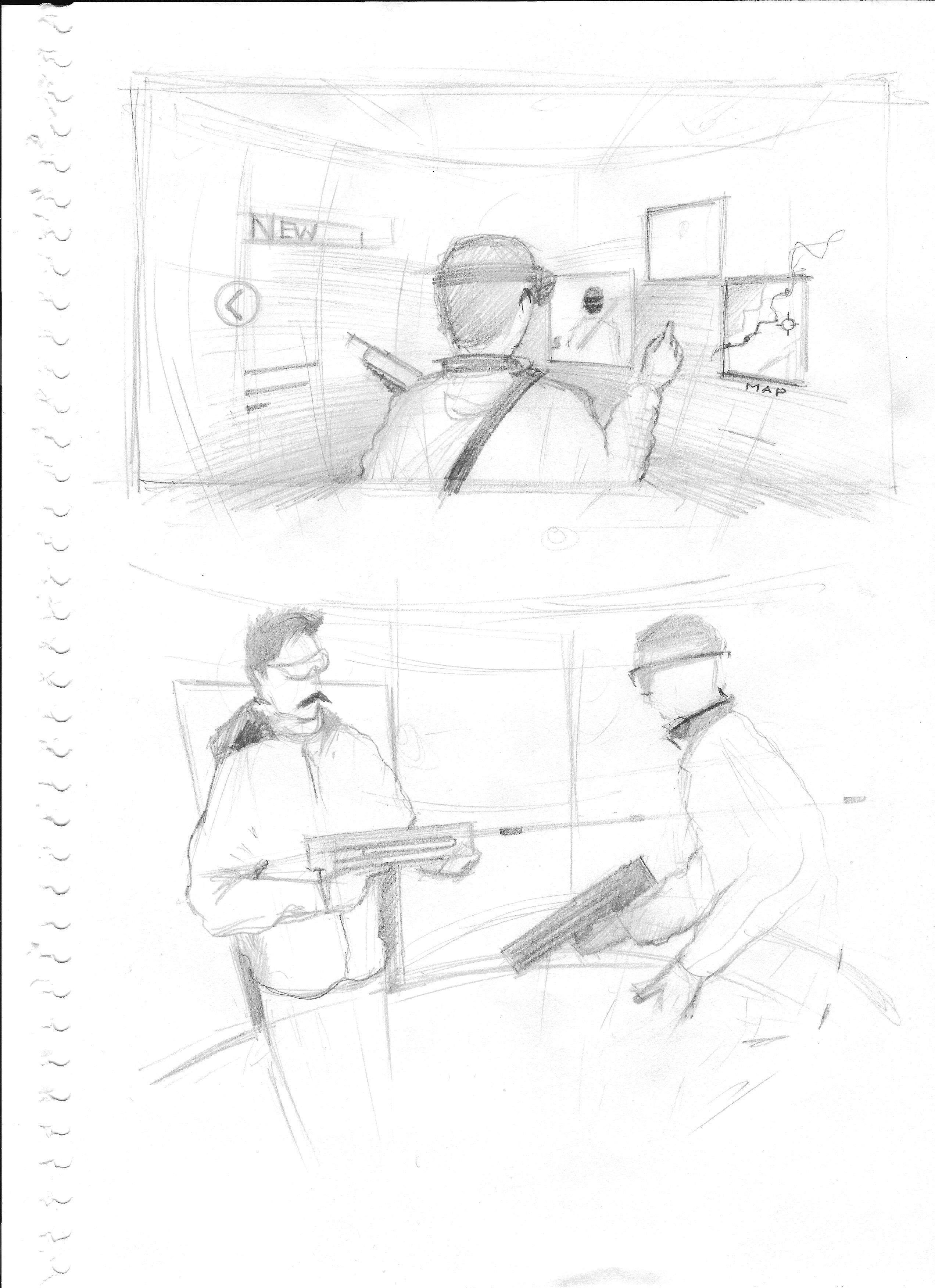Image with two sketches showing people playing an AR game.