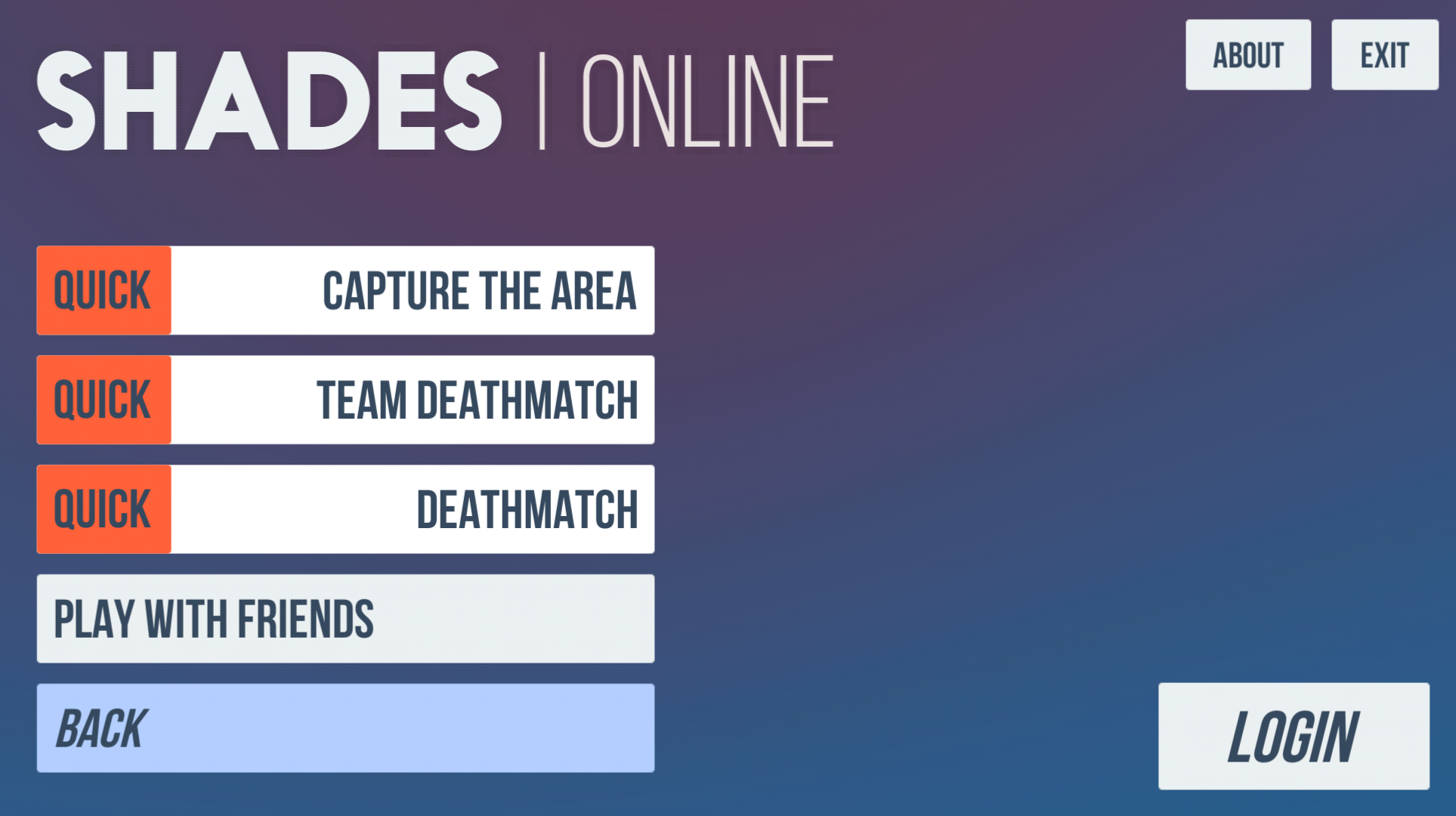 Screenshot of Game type selection screen with options to play quick solo game or to play with friends