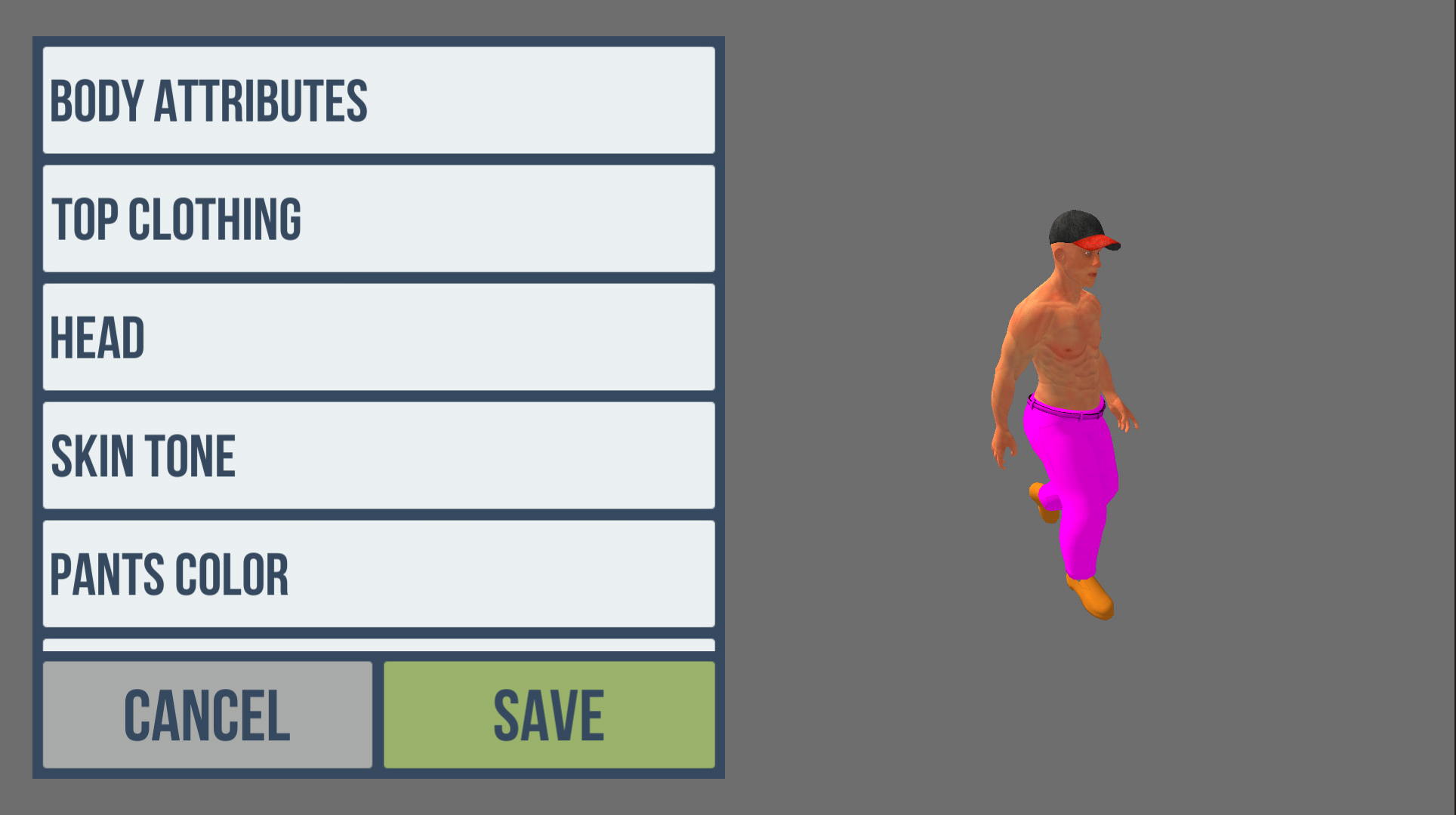 Screenshot of character customization screen