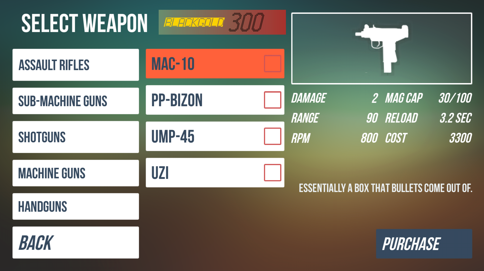 Screenshot of weapon selection screen showing a selection of various weapons to select from