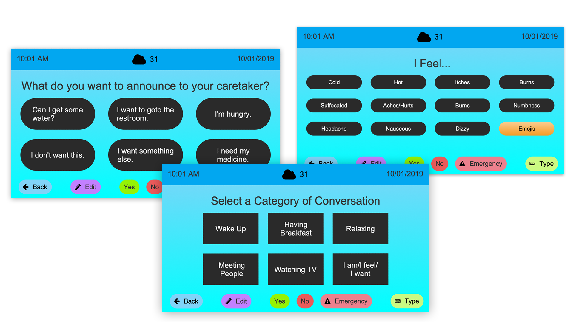 Image showing three screenshots of the prototype showcasing the ability to have a conversation just by selecting options on screen.