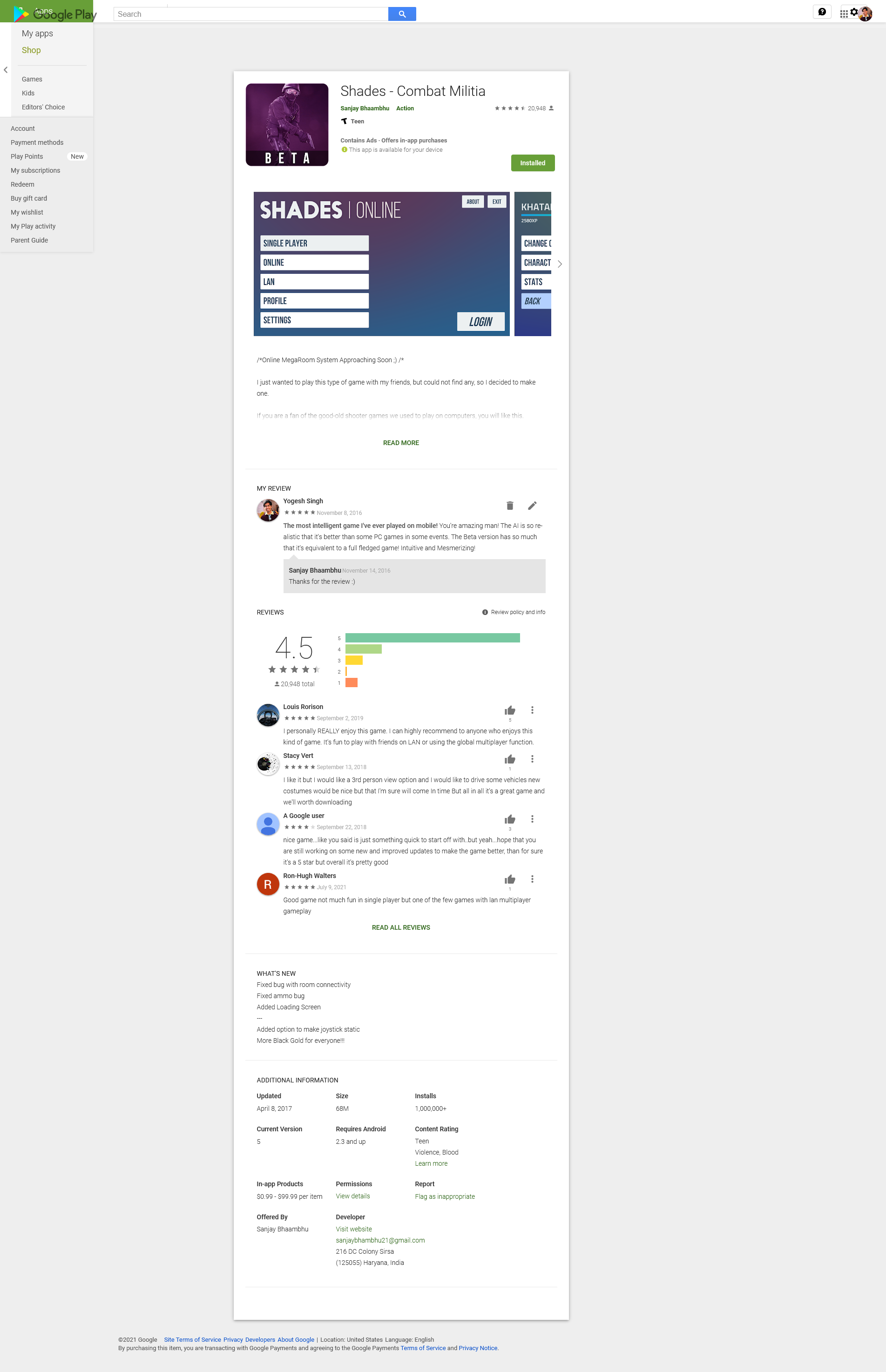 Screenshot of Google Play page of the game