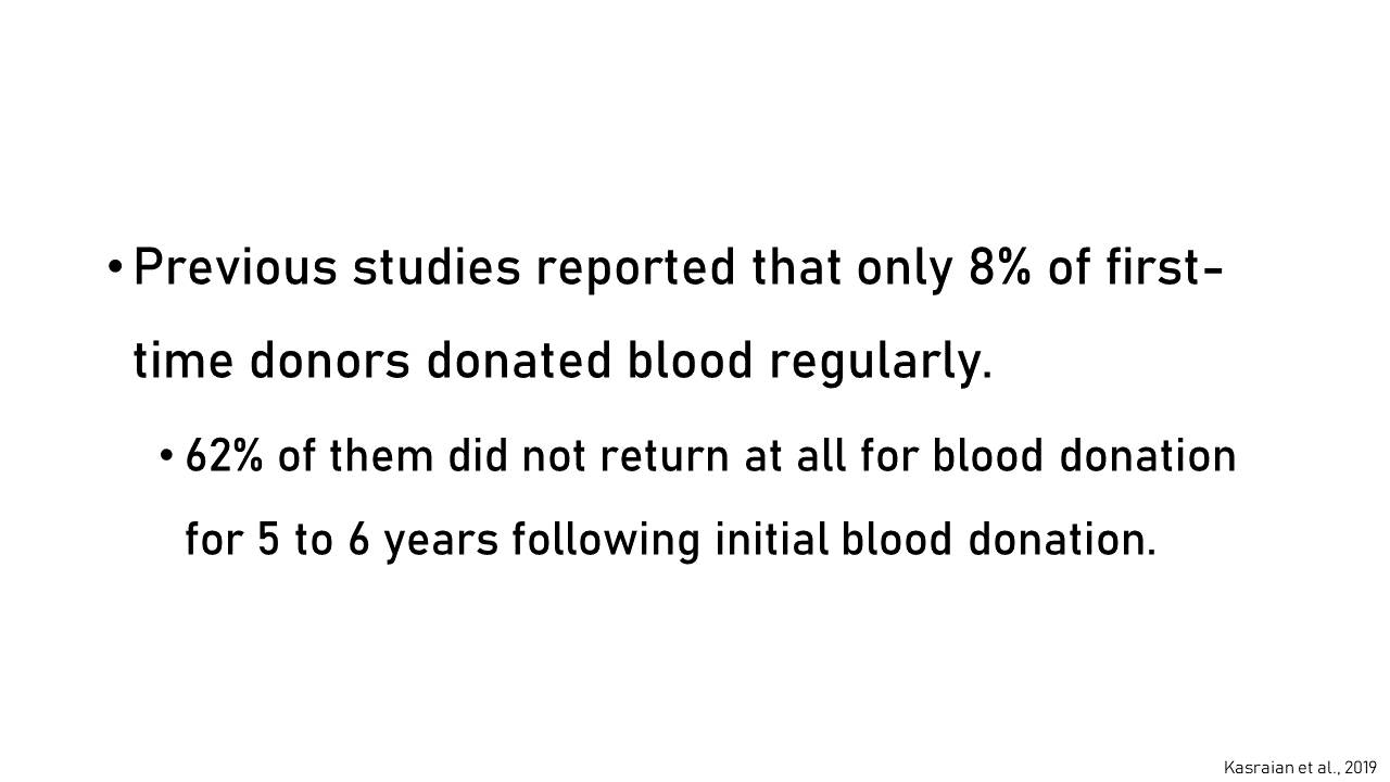 Previous studies reported that only 8% of first-time donors donated blood regularly and 62% of them did not return at all for blood donation for 5 to 6 years following initial blood donation.