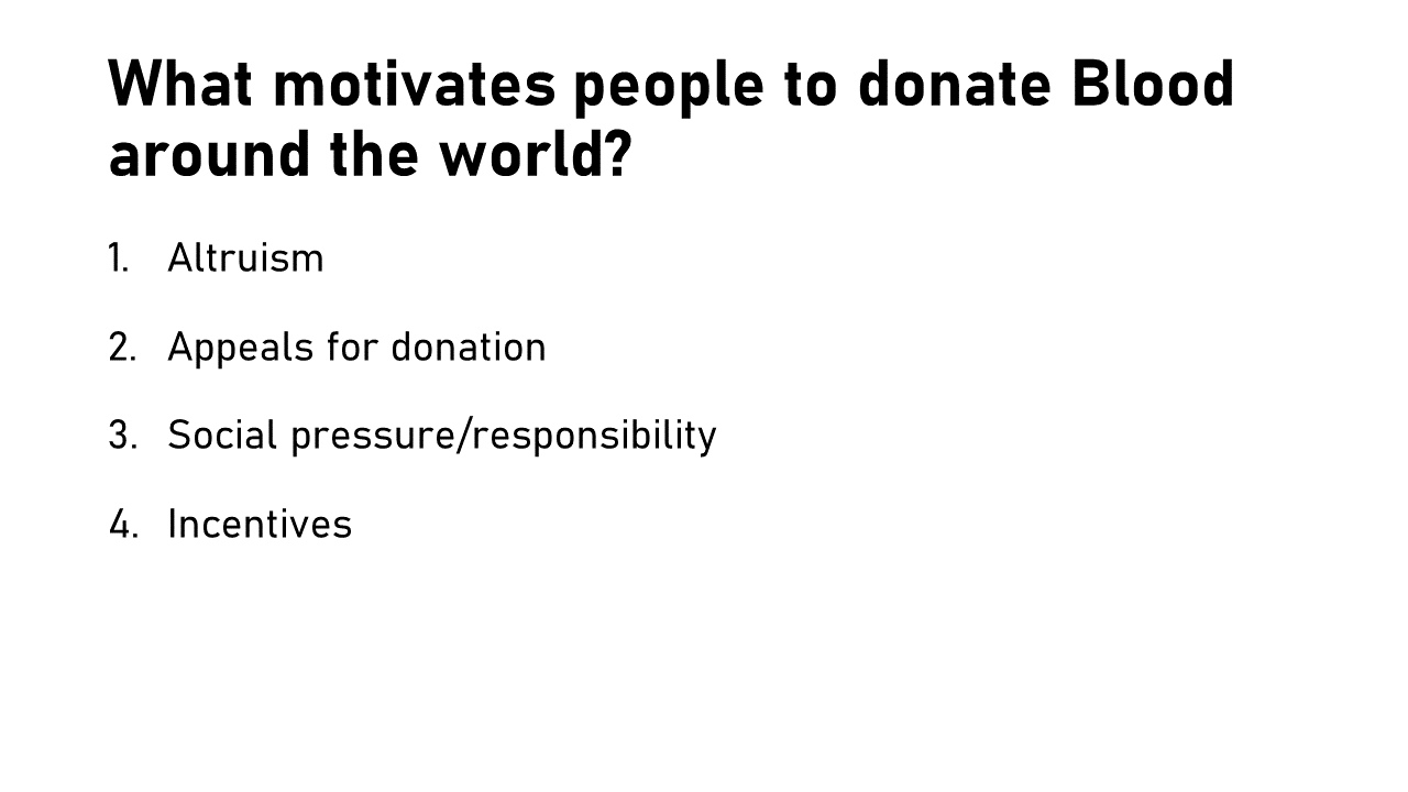 What motivates people to donate Blood around the world: 1. Altruism, 2. Appeals for donation, Social pressure/responsibility, 4. Incentives.