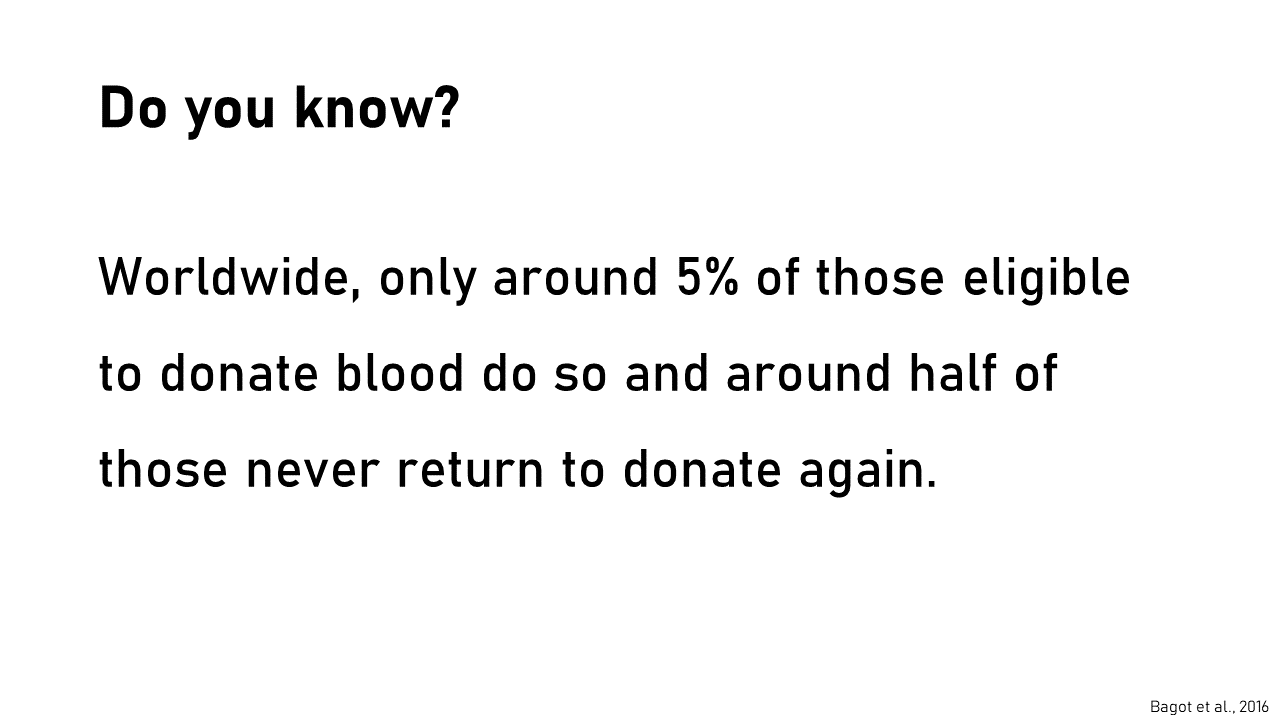 Do you know: Worldwide, only around 5% of those eligible to donate blood do so and around half of those never return to donate again.
