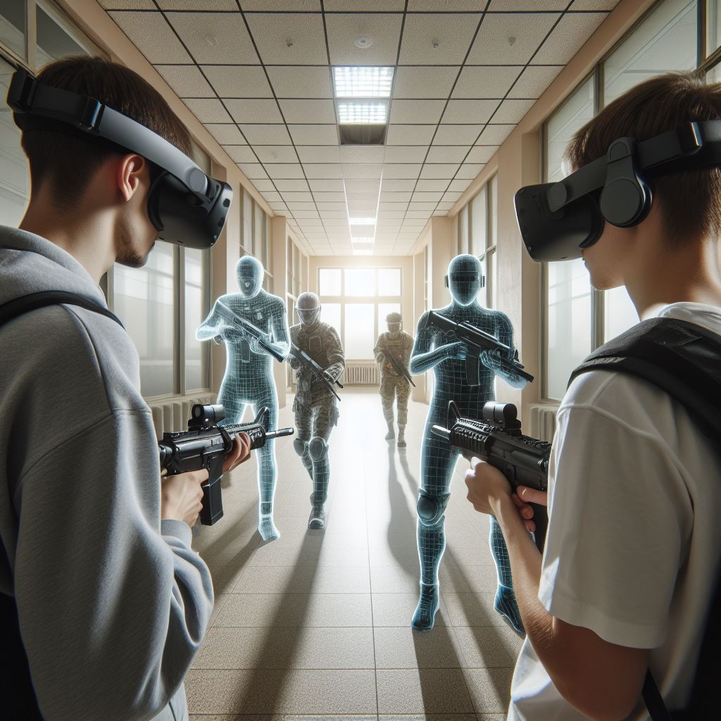 AI generated image of two people playing AR game.