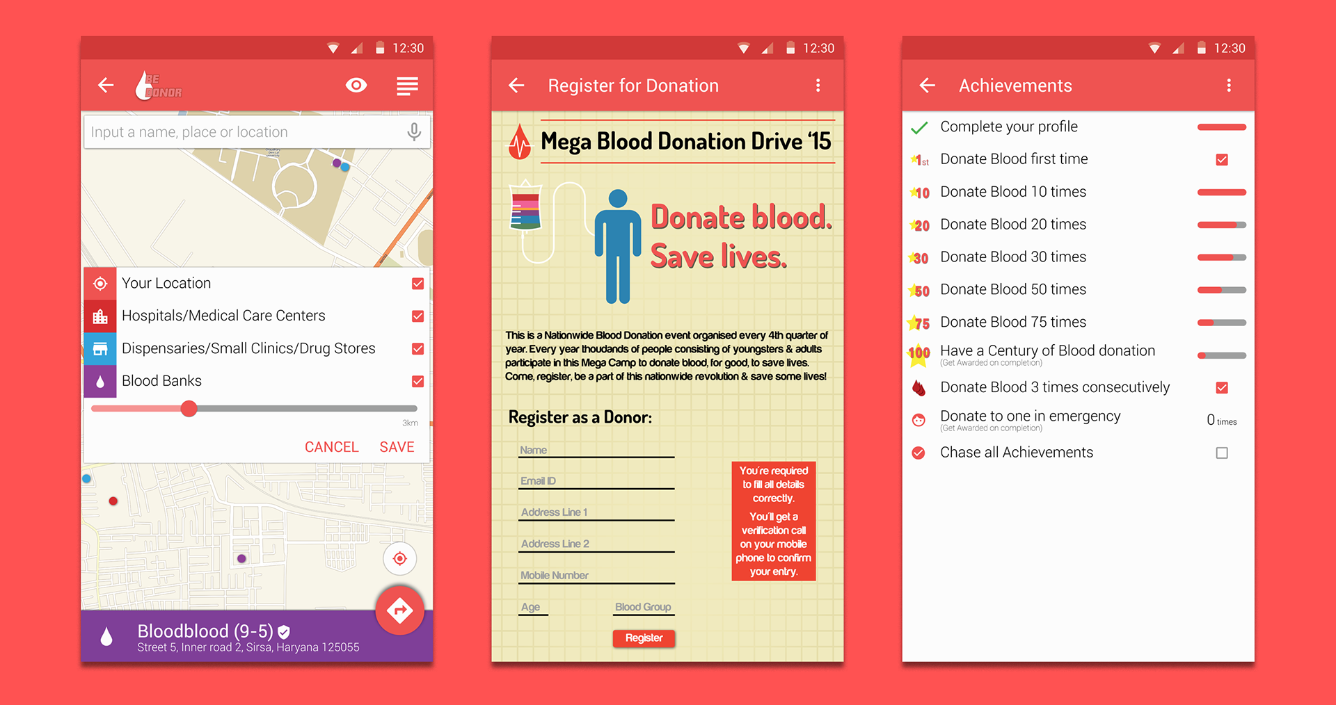 Image showing three screenshots of blood donation android app UI