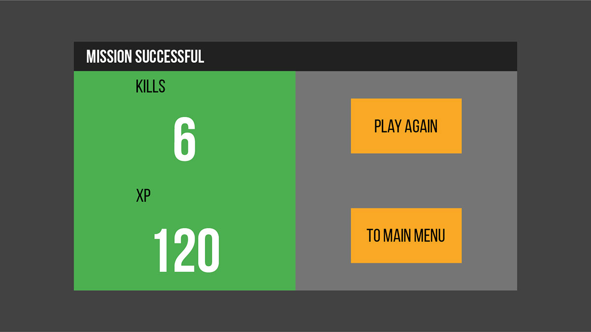 Mission successful screen showing number of kills and XP points earned, along with post-game options